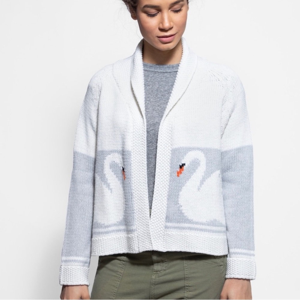THE GREAT. White and Light Gray Swan Intarsia Shawl Collar Cardigan